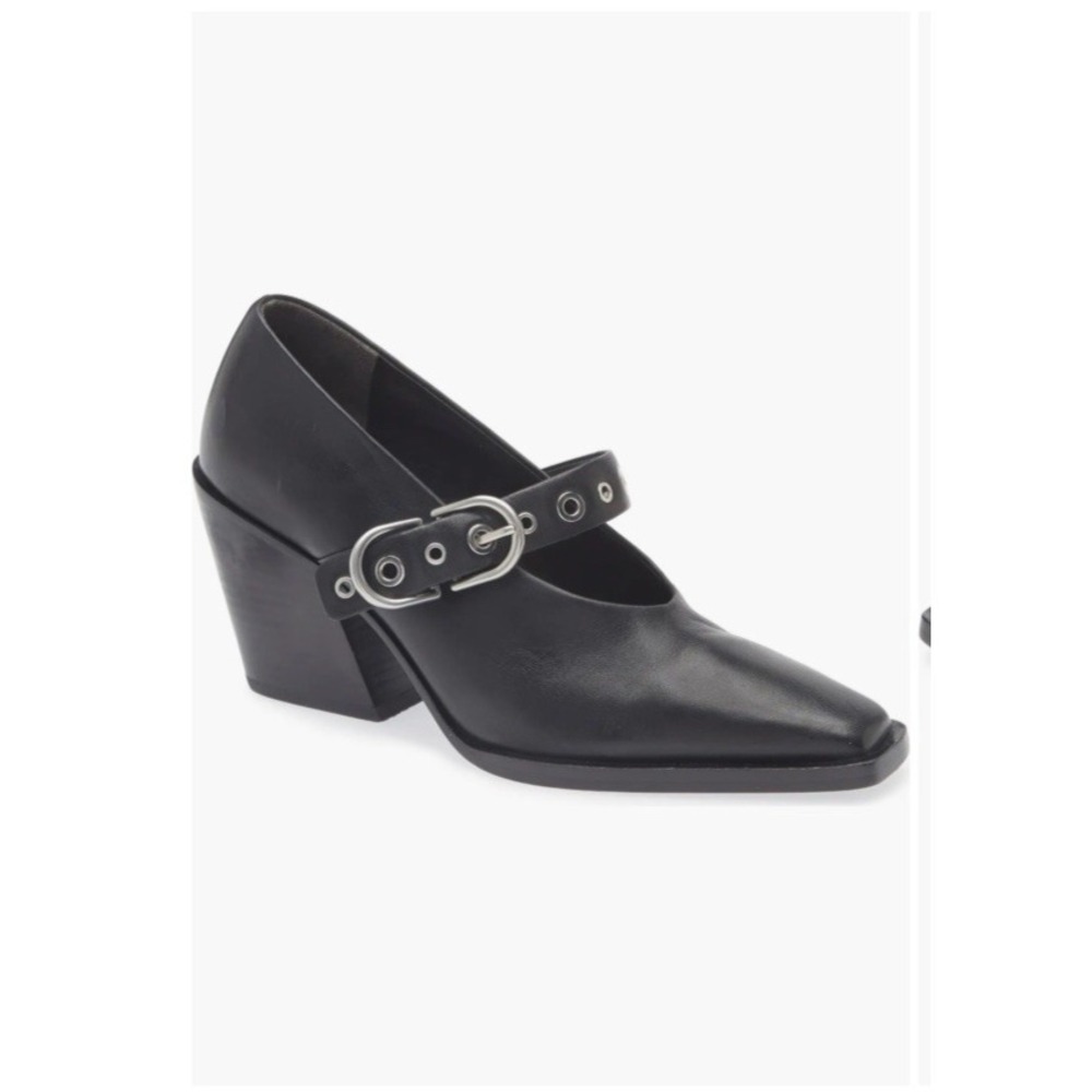 Rag & Bone Joni Black Leather‎ Square Toe Mary Jane Pumps 11 Buckle Slanted Heel